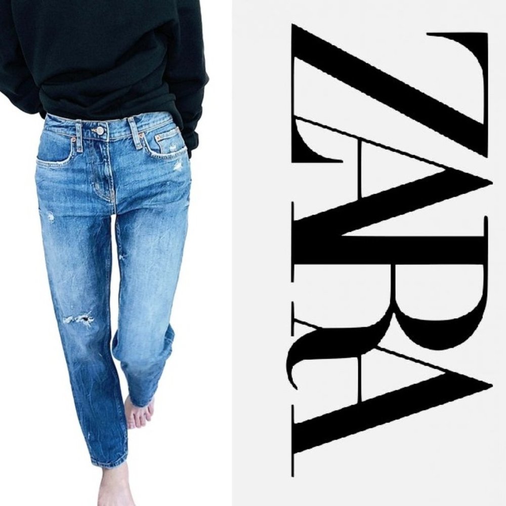 Zara Premium Denim Collection Mid Rise Blue Lightly Distressed Straight Leg Jean